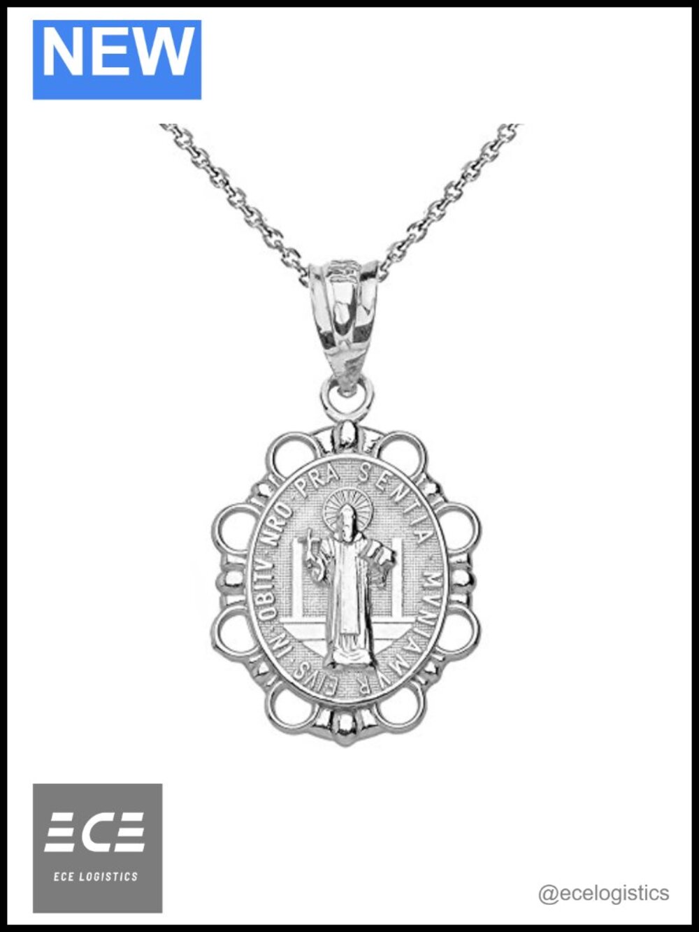 Sterling Silver Saint Benedict Oval Pendant Necklace 16 Inch Rolo Chain
